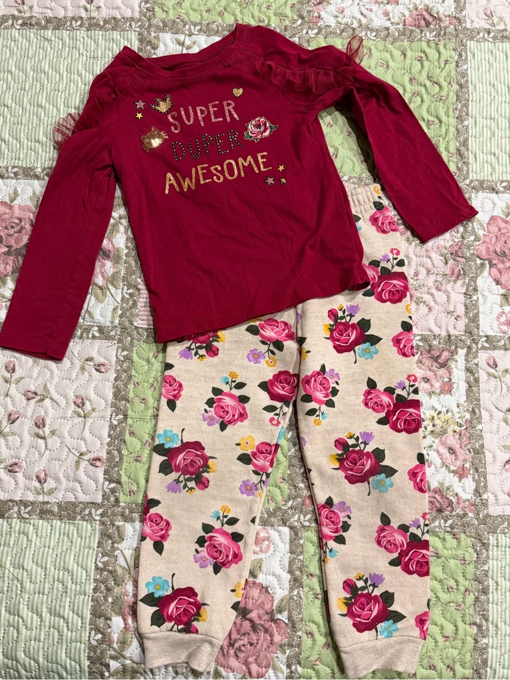 Girl’s Garanimals Berry Red Top with Cream Floral Pants Pajama Set Size 4T